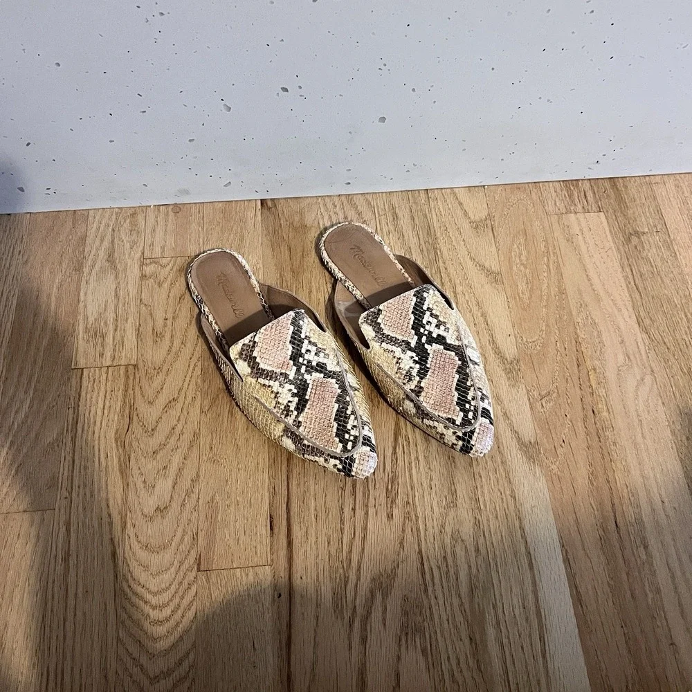 Madewell Snake Print Leather Mules Slip On Flats Womens 7.5 Neutral